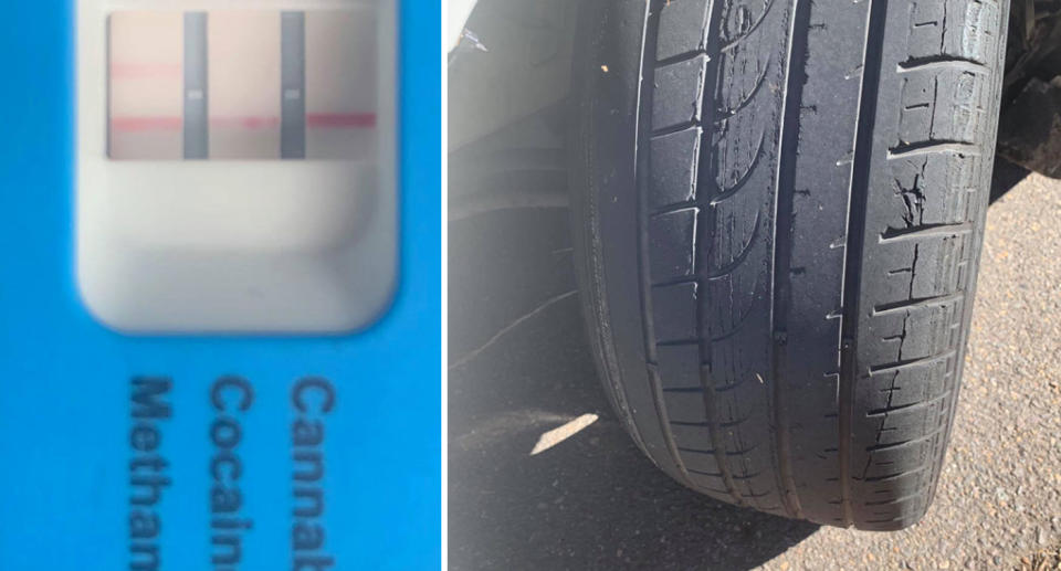 Photo of a positive result to meth and a seriously "worn out" tyre from a car police pulled over in Sydney's west.