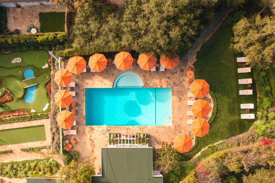 Aerial view of pool and putting green at San Ysidro Ranch