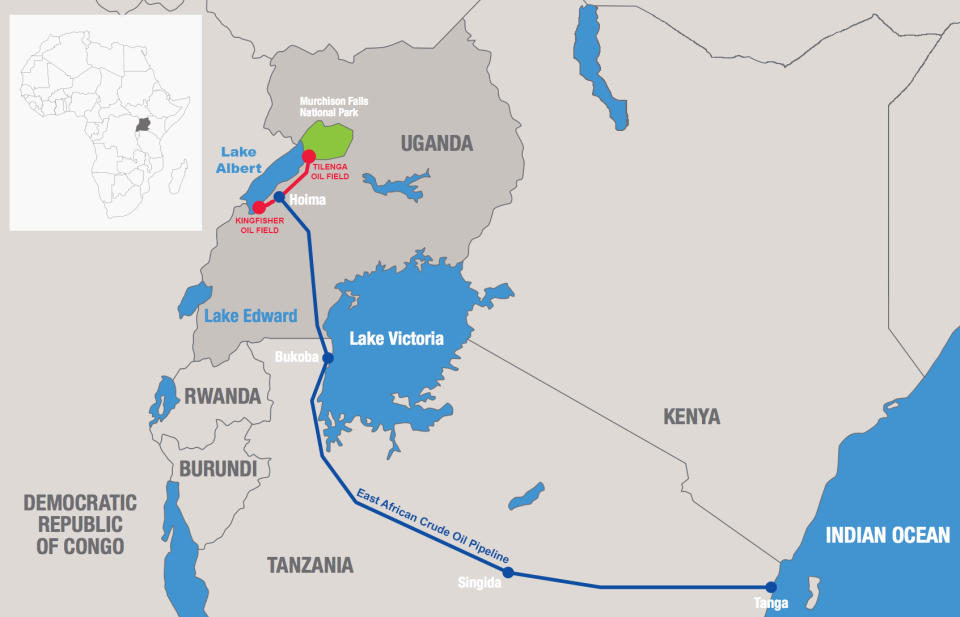 The East African Crude Oil Pipeline will stretch 900 miles from Lake Albert in Uganda to the Tanzanian port of Tanga on the Indian Ocean. MAP: YALE ENVIRONMENT 360 / SOURCE: TOTAL