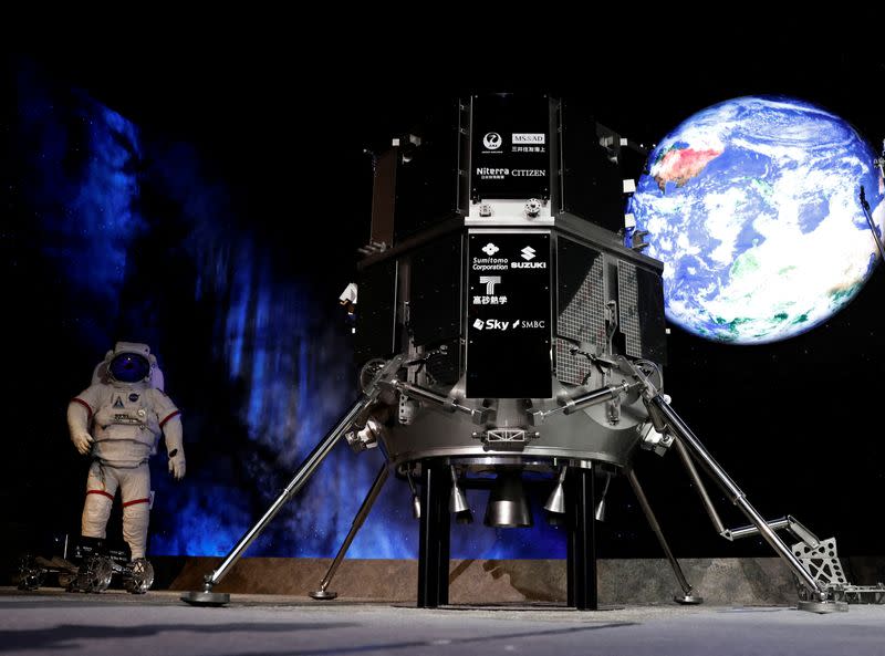 FILE PHOTO: A model of the lander in HAKUTO-R lunar exploration program by "ispace" is pictured at a venue to monitor its landing on the Moon, in Tokyo