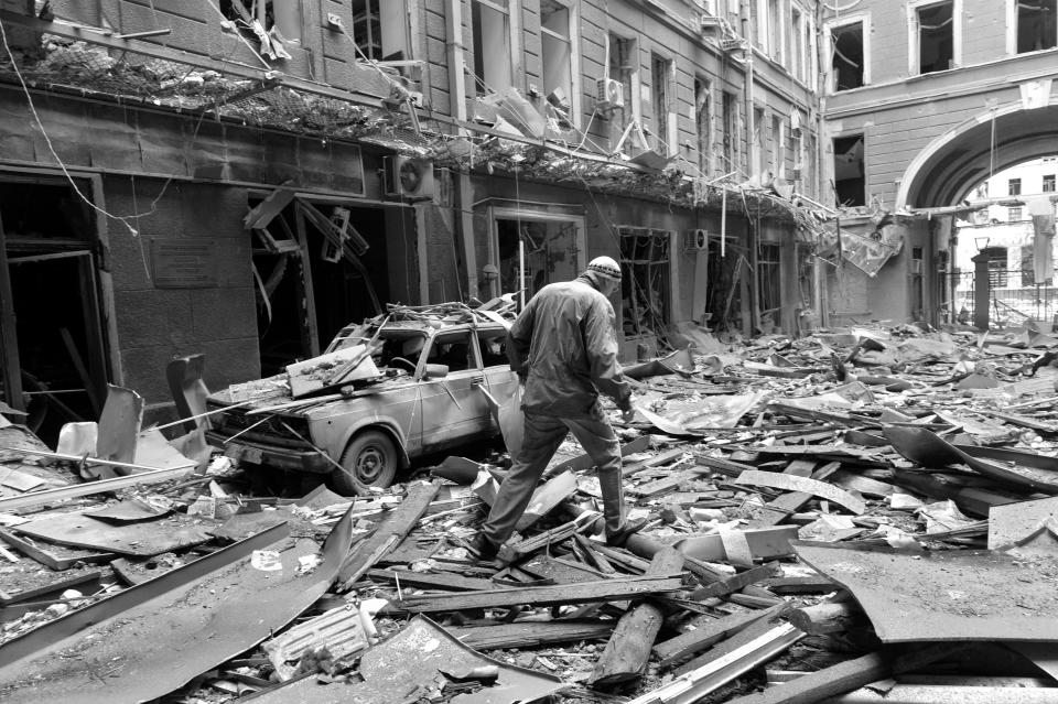 A view of damaged building following a shelling in Kharkiv, Ukraine 