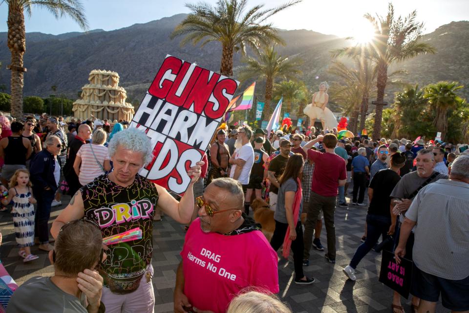 Hundreds of supporters attend the Drag4Drag rally to protest anti-drag legislation around the country in downtown Palm Springs, Calif., on Tuesday, April 18, 2023.