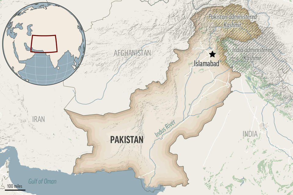 This is a locator map for Pakistan with its capital, Islamabad, and the Kashmir region. (AP Photo)