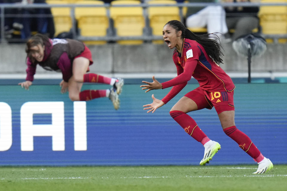 Spain's Salma Paralluelo celebrates after scoring her team's second goal during extra time play at the Women's World Cup quarterfinal soccer match between Spain and the Netherlands in Wellington, New Zealand, Friday, Aug. 11, 2023. (AP Photo/Alessandra Tarantino)