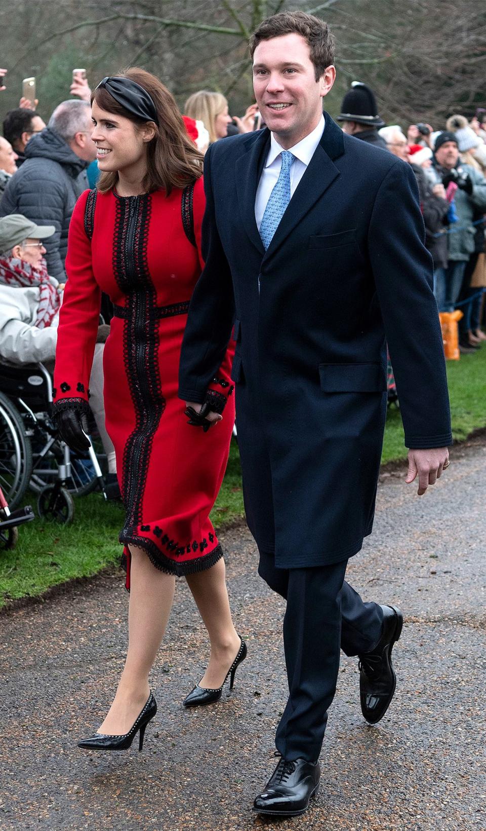 Princess Eugenie and Jack held hands as he made his debut at the royal family's annual walk to church on Christmas. 