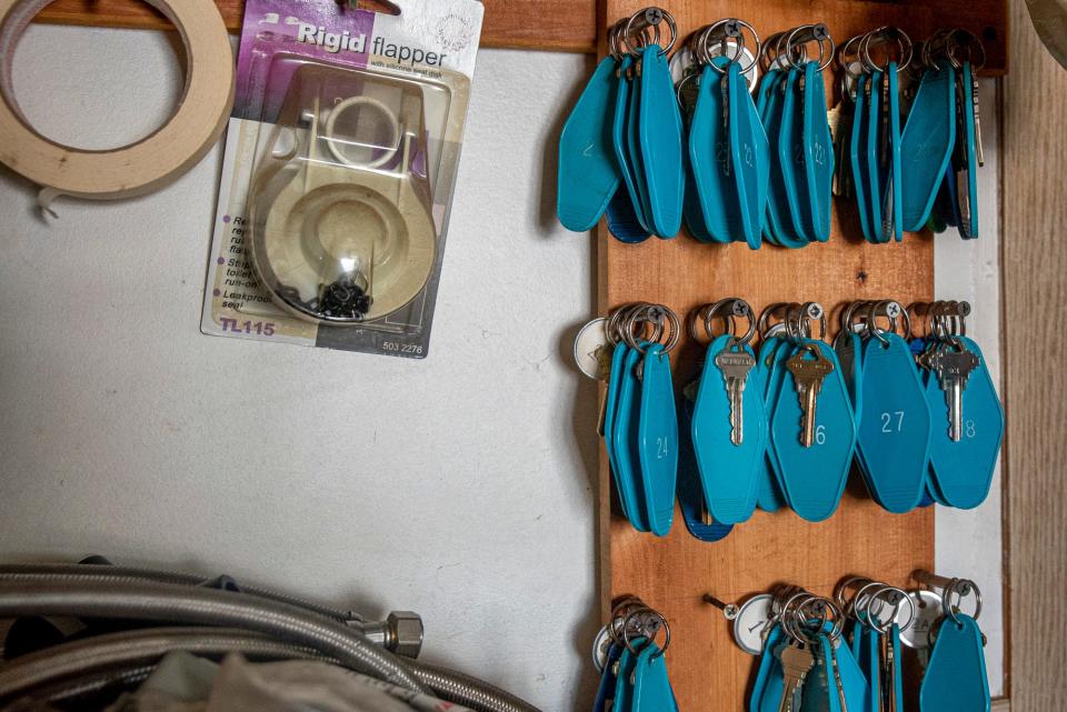 Room keys are seen in the recently for sale iconic Nevada Motel office in York, Maine on July 28, 2021.