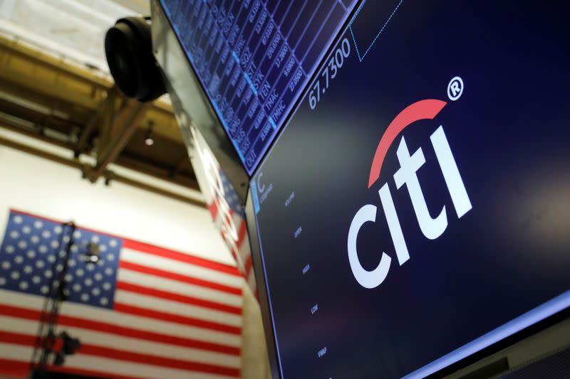 The logo for Citibank is seen on the trading floor at the New York Stock Exchange (NYSE) in Manhattan, New York City