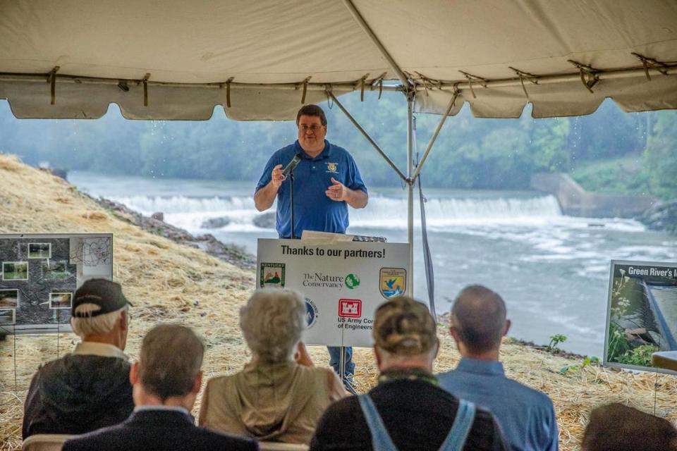 Lee Andrews, U.S. Fish and Wildlife Service field supervisor, speaks during a media conference about a project environmental and federal groups have teamed up on to remove Green River Lock and Dam No. 5 in Butler County, Ky., on Monday, Sept. 20, 2021.