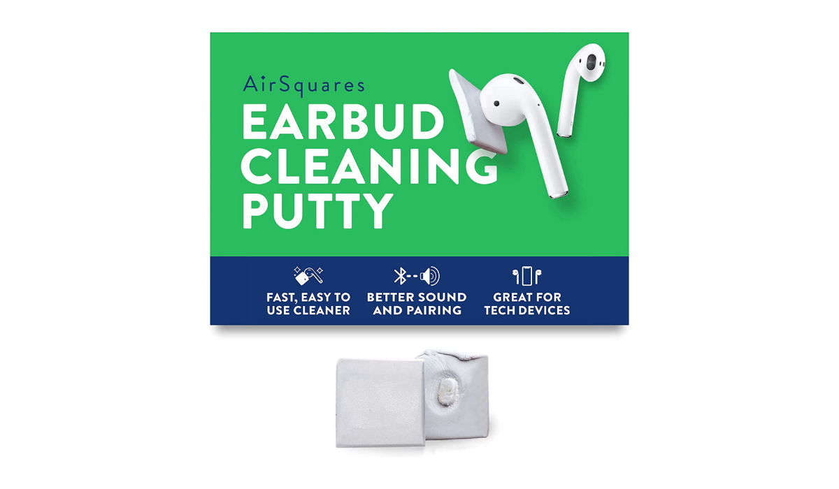 AirPod shown being pressed against a square of earbud cleaning putty and the gunk that comes out. 