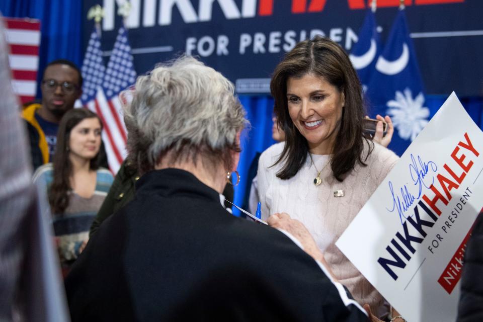 Nikki Haley meets with supporters during a campaign rally at the Cannon Centre in Greer, S.C., on Monday, Feb. 19, 2024.