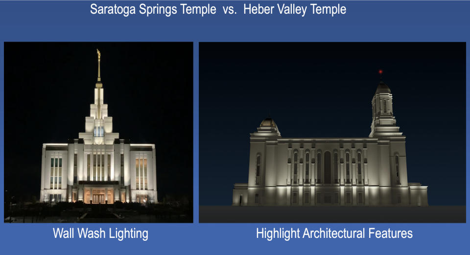 The Church of Jesus Christ will forego the wall wash lighting used at most temples so the Heber Valley Utah Temple fits its area.