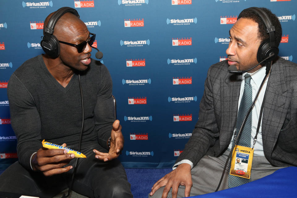 IMAGE DISTRIBUTED FOR NESTLE BUTTERFINGER - Terrell Owens goes #BolderThanBold with Butterfinger on ESPN’s “Stephen A. Show” in San Francisco leading up to the Big Game on Thursday, Feb. 4, 2016. For more bold action with T.O., visit www.YouTube.com/Butterfinger. (Omar Vega/AP Images for Nestle Butterfinger)