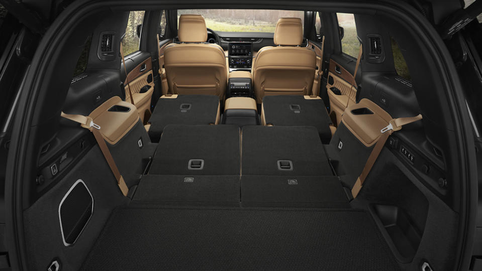 The all-new 2021 Jeep® Grand Cherokee L Summit Reserve rear interior cargo space (84.6 cu. ft. with second and third rows folded flat).