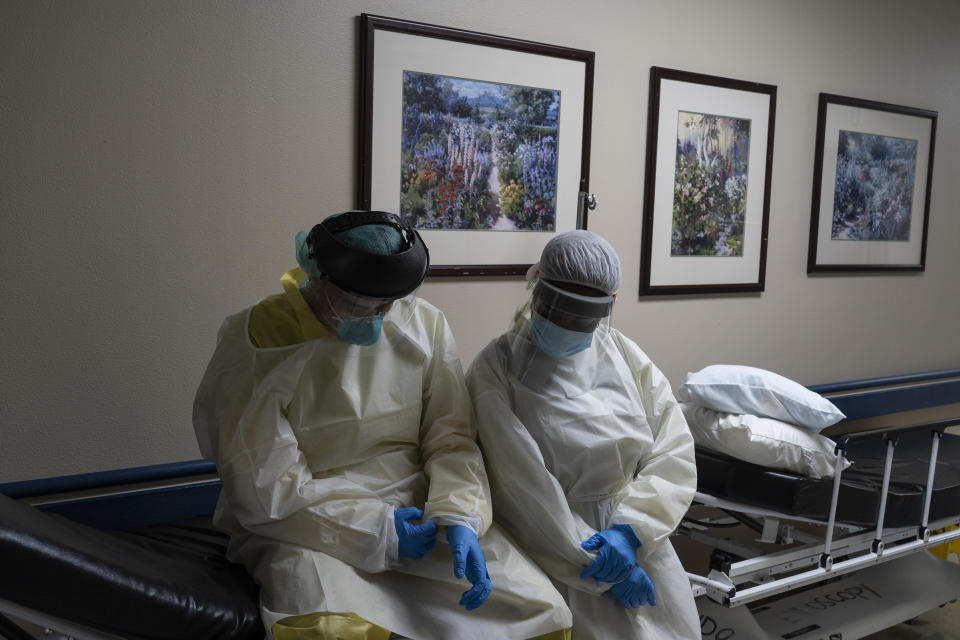 HOUSTON, TX - JULY 2: (EDITORIAL USE ONLY)  Members of the medical staff rest on a stretcher in the COVID-19 intensive care unit at the United Memorial Medical Center on July 2, 2020 in Houston, Texas. COVID-19 cases and hospitalizations have spiked since Texas reopened, pushing intensive-care wards to full capacity and sparking concerns about a surge in fatalities as the virus spreads. / Credit: / Getty Images