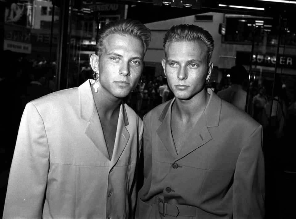 <p>Bros twins Matt and Luke Goss arriving at the premiere of the film Batman that opened at the Warner West End cinema off London's Leicester Square. (PA Images via Getty Images)</p>