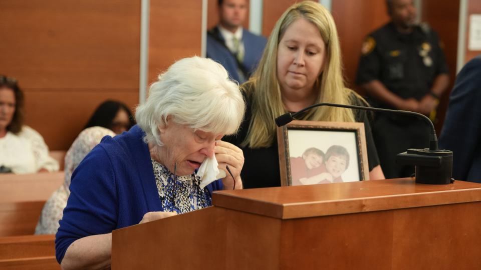 Dr. Gail Herman weeps during the sentencing of Timothy Kendrick, who killed her son Drew Mendelbaum. Kendrick was sentenced July 18, 2024 for aggravated murder, murder, kidnapping, tampering with evidence and abuse of a corpse for July, 16, 2021 murder. At right is victim advocate Mishelle Lynch.