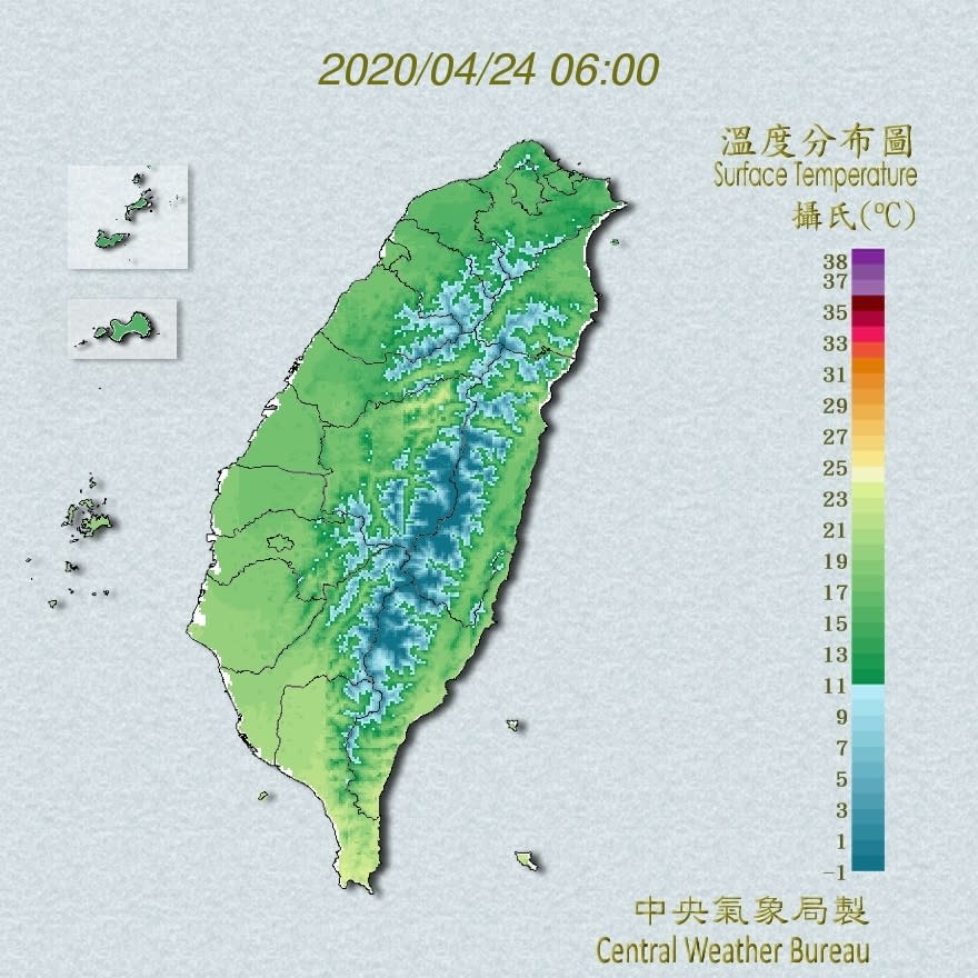 全台溫度分布圖。（圖／中央氣象局）