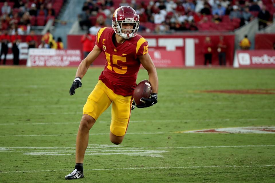 USC wide receiver Drake London heads to the end zone against Utah in October.