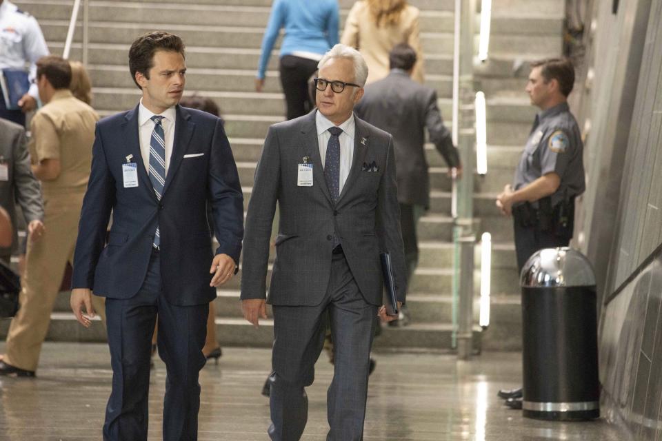 This image released by Roadside Attractions shows Sebastian Stan, left, and Bradley Whitford in a scene from "The Last Full Measure." (Jackson Lee Davis/Roadside Attractions via AP)
