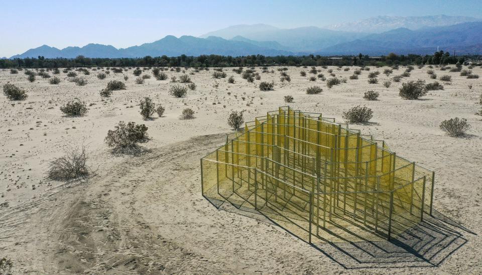 "No. 1225 Chainlink" is a work by Rana Begum and Neville Wakefield and part of the 2023 Desert X exhibition. This work is just off Portola Rd. near Frank Sinatra Dr. in Palm Desert, Calif., March 3, 2023.