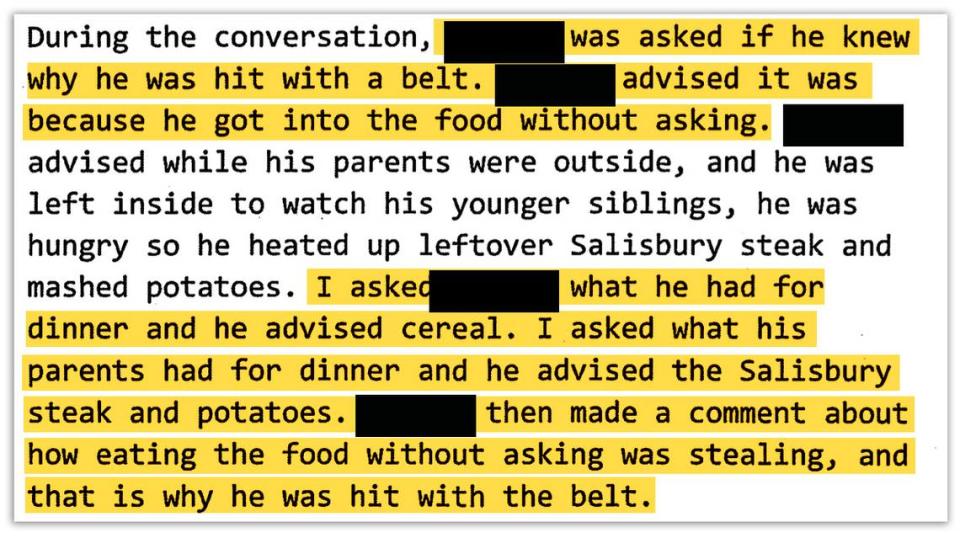 L.J. told police that he was sometimes left alone to care for his baby siblings and punished for eating food without permission, according to Charleston Police Department records. (Obtained by Capitol News Illinois and ProPublica. Highlighted and redacted by ProPublica.)