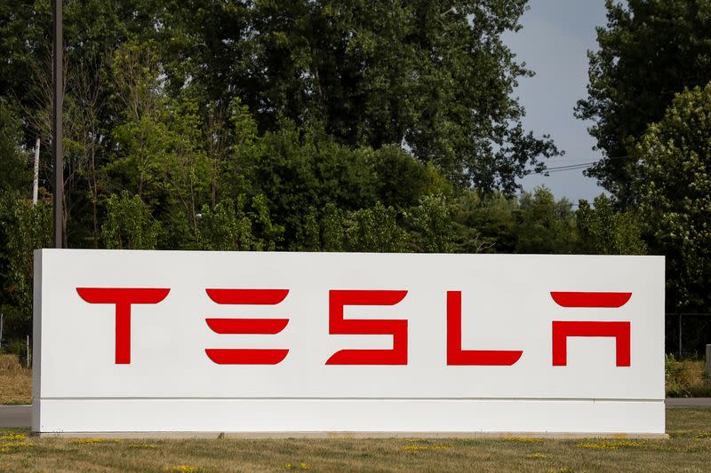 A sign is seen outside the Tesla Inc. Gigafactory 2, which is also known as RiverBend, a joint venture with Panasonic to produce solar panels and roof tiles in Buffalo, New York