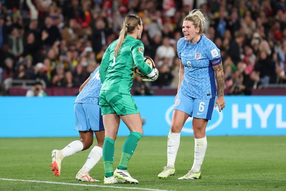 England captain Millie Bright screams in celebration after Mary Earps’ penalty save (Getty Images)