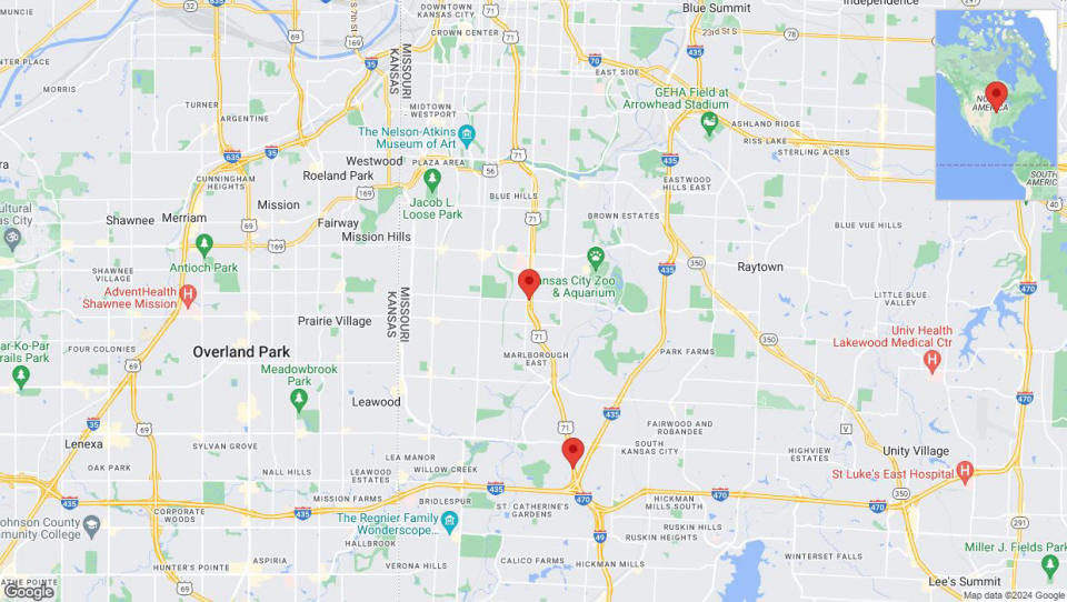 A detailed map that shows the affected road due to 'Heavy rain prompts traffic warning on southbound US-71 South in Kansas City' on May 21st at 4:08 p.m.