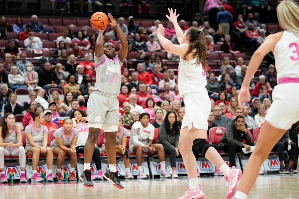 Feb 13, 2023; Columbus, OH, USA;  Ohio State Buckeyes forward Eboni Walker (22) shoots over Indiana Hoosiers forward Mackenzie Holmes (54) during the second half of the NCAA women’s basketball game at Value City Arena. Ohio State lost 83-59. Mandatory Credit: Adam Cairns-The Columbus Dispatch