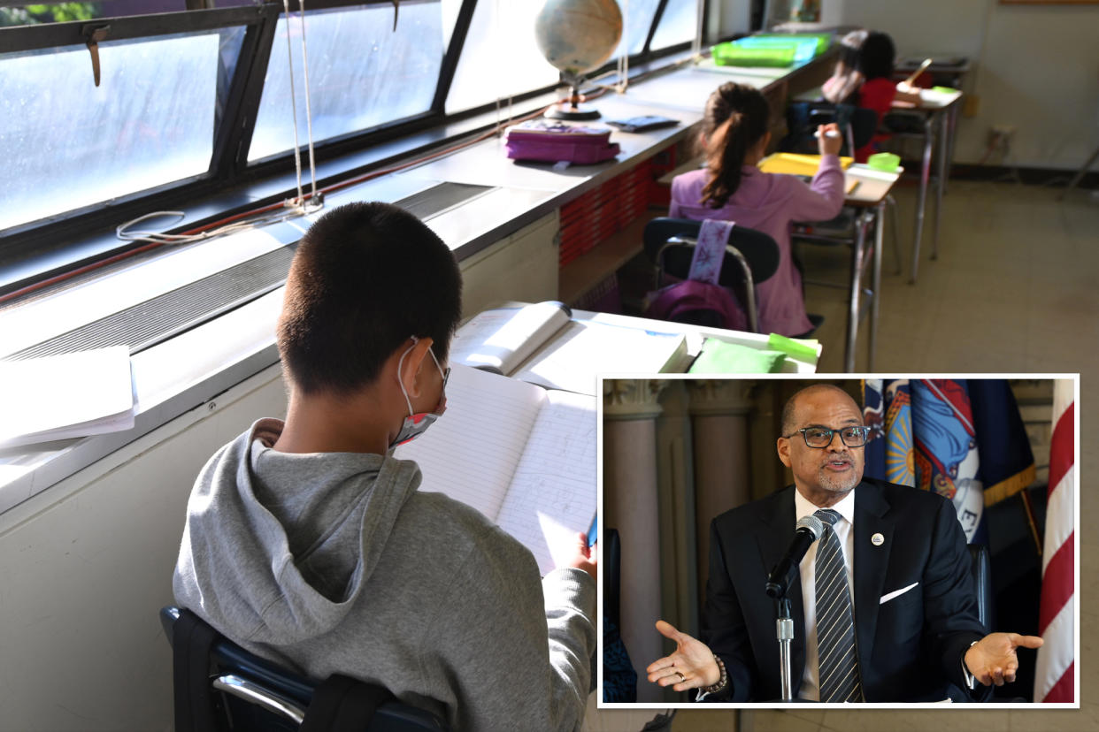 A man in a suit and a boy in a classroom, related to the long-awaited report on local leadership of NYC schools