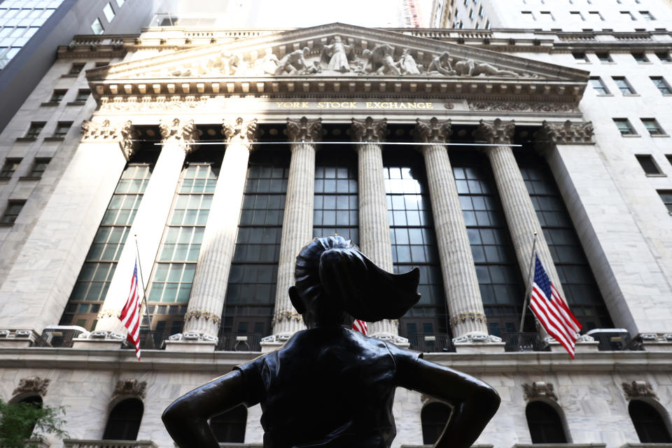 NEW YORK, NEW YORK - JULY 23: The "Fearless Girl" statue in front of the New York Stock Exchange (NYSE) at Wall Street on July 23, 2020 in New York City. On Wednesday July 22, the market had its best day in 6 weeks. (Photo by Michael M. Santiago/Getty Images)