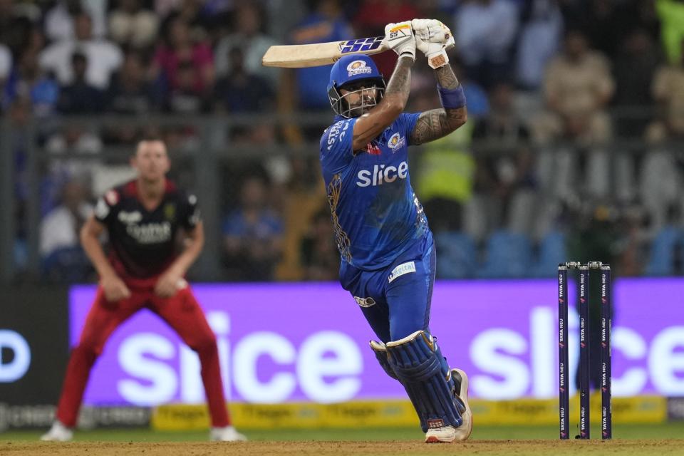 Mumbai Indians' Suryakumar Yadav bats during the Indian Premier League cricket match between Mumbai Indians and Royal Challengers Bangalore in Mumbai, India, Tuesday, May 9, 2023. (AP Photo/Rajanish Kakade)