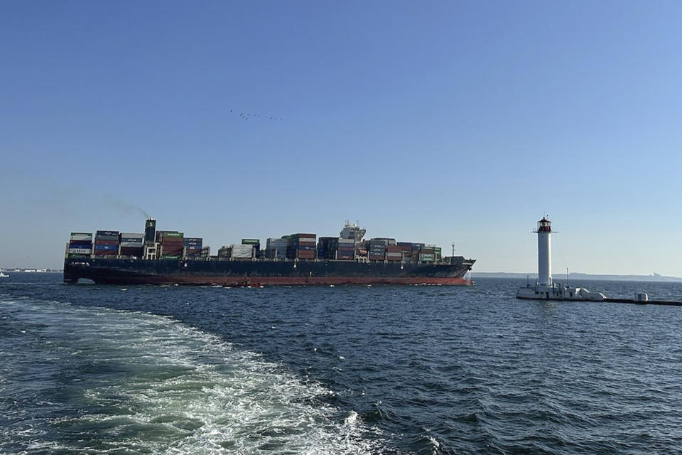 In this photo provided by Ukraine's Infrastructure Ministry Press Office, container ship Joseph Schulte (Hong Kong flag) leaves the port of Odesa to proceed through the temporary corridor established for merchant vessels from Ukraine's Black Sea ports in Odesa, Ukraine, Wednesday, Aug. 16, 2023. The ship carrying over 30 thousand tons of cargo, including food products, which had been in the port of Odesa since last February because of the Russian invasion of Ukraine, left Odessa under an agreement between Ukraine and the International Maritime Organisation. (Ukraine's Infrastructure Ministry Press Office via AP)