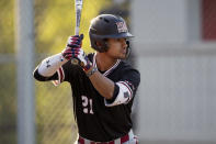 CORRECTS THAT GONZALES PLAYS FOR NEW MEXICO STATE, NOT SEATTTLE - FILE - In this May 10, 2019, file photo, New Mexico State's Nick Gonzales waits for a pitch during an at-bat in an NCAA college baseball game against Seattle University, in Bellevue, Wash. Gonzales is expected to be an early selection in the Major League Baseball draft. (AP Photo/Stephen Brashear, File)