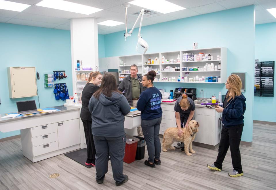 The VetCheck staff discuss with Dr. Kent Seamonson, middle, on how to handle varous animals on their first day of business on Feb. 1, 2024.