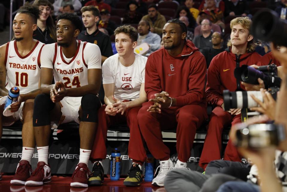 Bronny James watches from the bench as USC plays Eastern Washington at Galen Center.