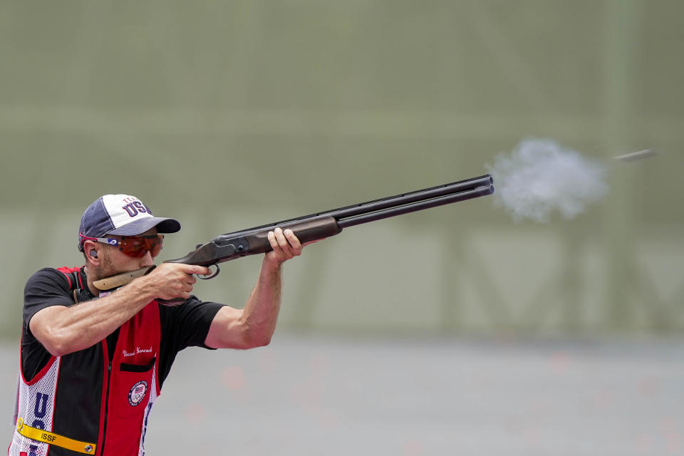 Vincent Hancock, of the United States, competes in the men's skeet at the Asaka Shooting Range in the 2020 Summer Olympics, Monday, July 26, 2021, in Tokyo, Japan. (AP Photo/Alex Brandon)