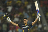 Gujarat Titans' captain Shubman Gill celebrates scoring a century during the Indian Premier League cricket match between Gujarat Titans and Chennai Super Kings in Ahmedabad, India, Friday, May 10, 2024.(AP Photo/Ajit Solanki)