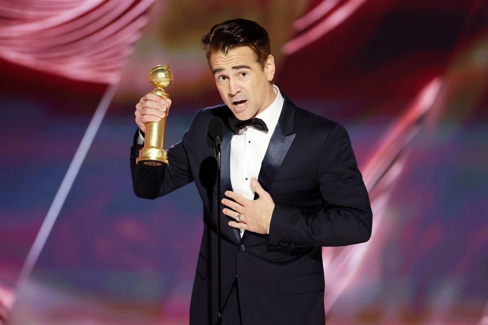 Colin Farrell accepting the Best Actor in a Motion Picture Musical or Comedy award for “The Banshees of Inisherin” (AP)