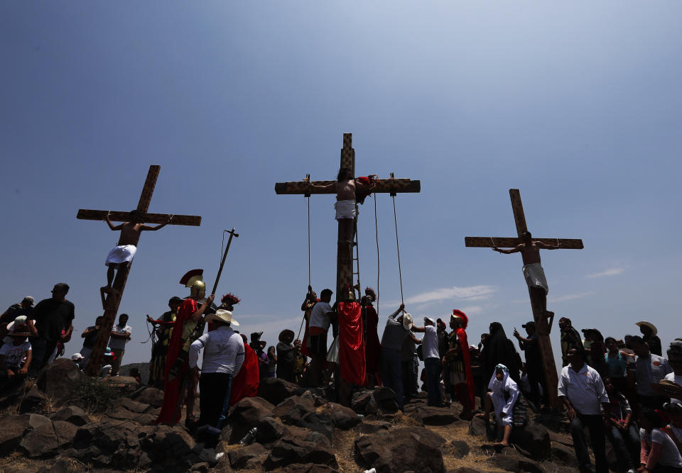 Crosses set up on a hill outside the village of San Mateo, Tepotzotlán, on Good Friday. (Marco Ugarte / ASSOCIATED PRESS)