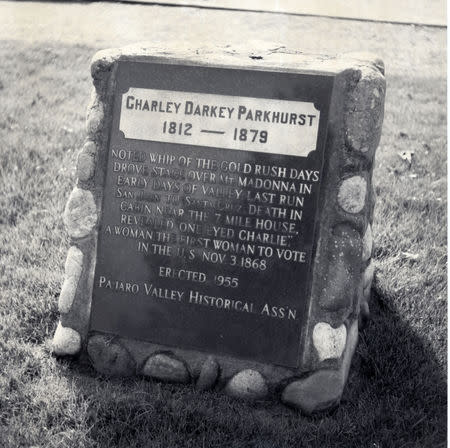 Charley Parkhurst's gravestone is seen in this undated image released by Santa Cruz Museum of Art & History in Santa Cruz, California, U.S., on May 2, 2019. Courtesy Santa Cruz Museum of Art & History/Handout via REUTERS