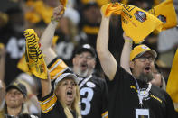 Pittsburgh Steelers fans cheer during the second half of the Pro Football Hall of Fame NFL preseason game against the Dallas Cowboys, Thursday, Aug. 5, 2021, in Canton, Ohio. (AP Photo/David Richard)