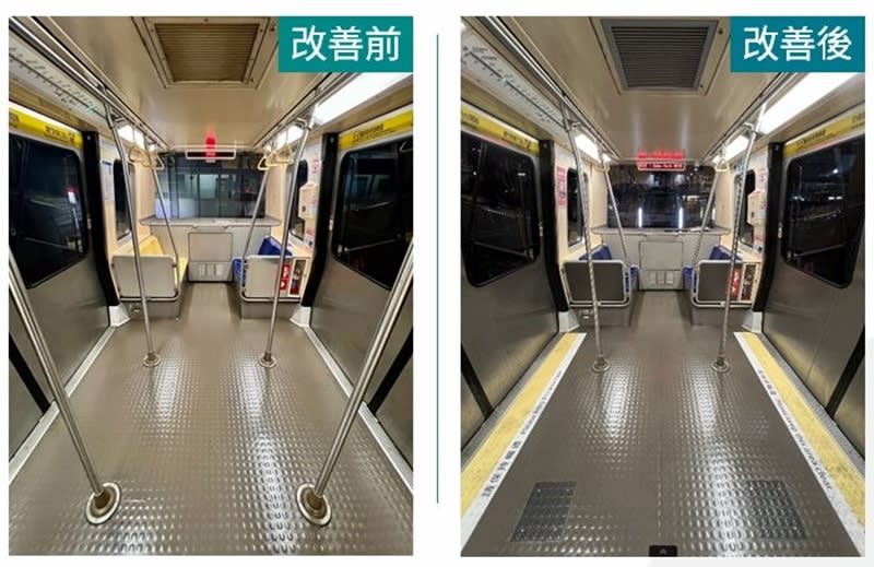 台北捷運公司14日表示，文湖線上馬特拉列車將進行全面改裝，移除各車廂入口部分立柱。圖為改裝前後比較圖。（圖／台北捷運公司提供）