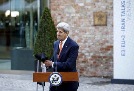 U.S. Secretary of State John Kerry prepares to leave a news conference in front of Palais Coburg, the hotel where the Iran nuclear talks meetings are being held in Vienna, Austria July 9, 2015. REUTERS/Leonhard Foeger