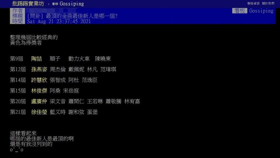 有網友好奇發文歷屆金曲獎哪屆新人最猛。（圖／翻攝自PTT）