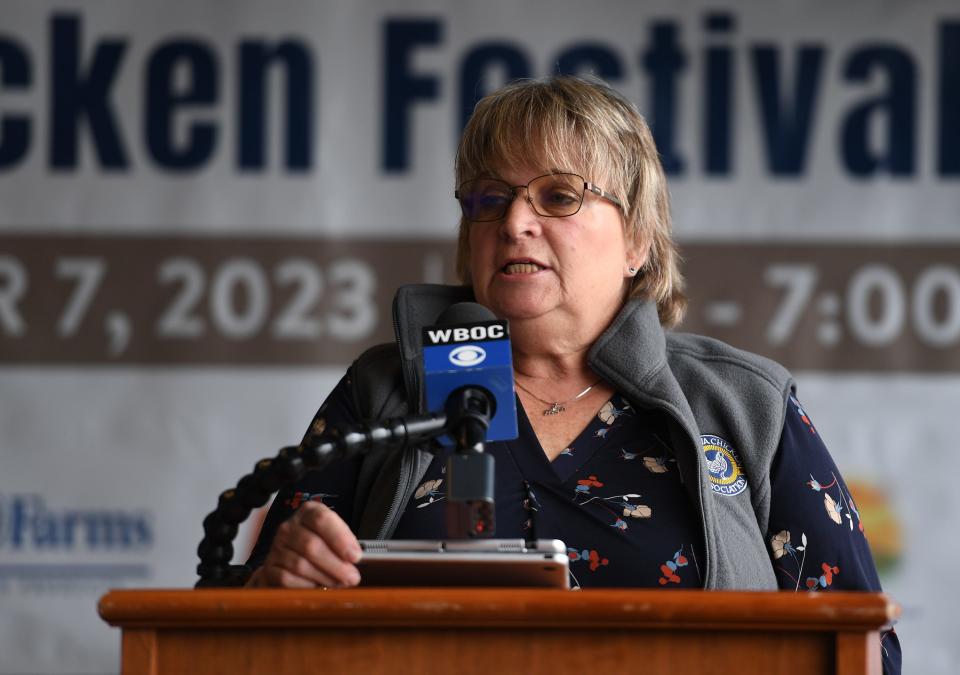 Mary Lou Brown, second vice president of the Delmarva Chicken Association, speaks on the return of the Delmarva Chicken Festival on Monday, March 13, 2023, at the Arthur W. Perdue Stadium in Salisbury. The festival will be held at the stadium later this year, Oct. 7 from 1-7 p.m.