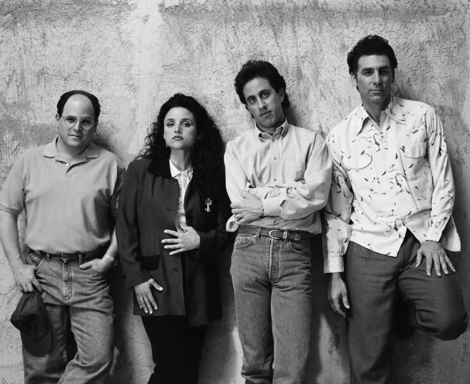 SEINFELD -- Season 5 -- Pictured: (l-r) Jason Alexander as George Costanza, Julia Louis-Dreyfus as Elaine Benes, Jerry Seinfeld as Jerry Seinfeld, Michael Richards as Cosmo Kramer  (Photo by George Lange/NBCU Photo Bank/NBCUniversal via Getty Images via Getty Images)