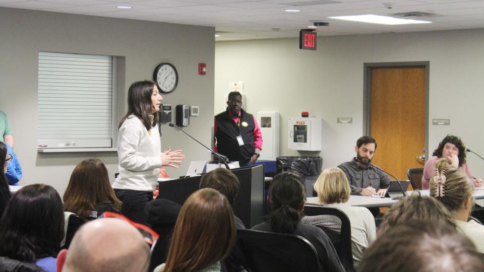Sarah Hughes speaks to the Monroe County Community School Corp. board Tuesday during the public comment period.