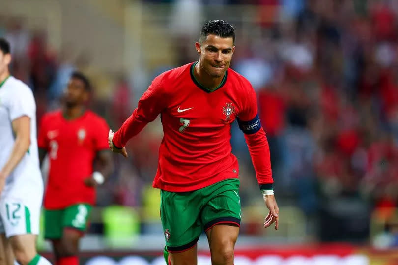 Cristiano Ronaldo of Portugal celebrates after scoring his team's third goal during the International Friendly match between Portugal and Republic of Ireland at Estadio Municipal de Aveiro on June 11, 2024 in Aveiro, Portugal.