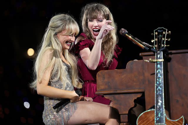 <p>Don Arnold/TAS24/Getty </p> Sabrina Carpenter and Taylor Swift performing at Accor Stadium on Feb. 23, 2024 in Sydney